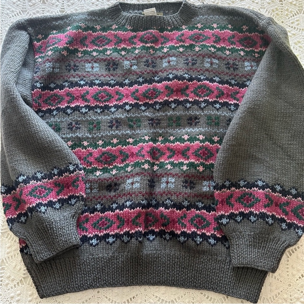 Southwool 100% Pure New Wool Fair Aisle Knit Sweater Pink Gray Blue Medium EUC
